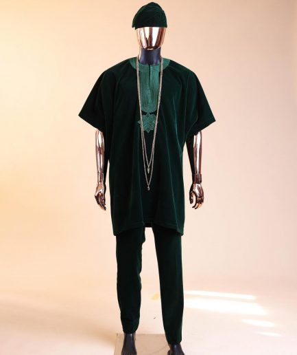 A Sacramento green daftan, sokoto & Fila Yoruba African native.