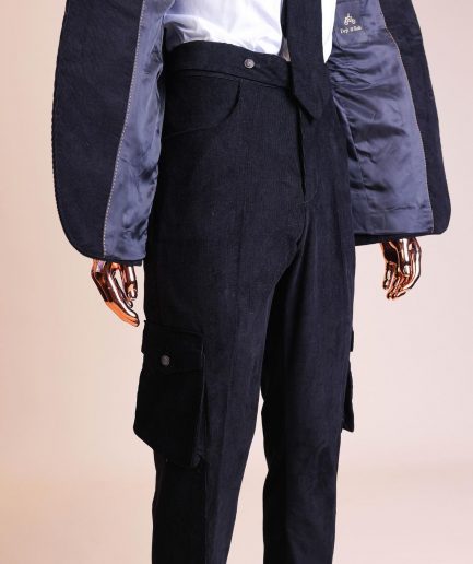 A “Combat” charcoal black corduroy, 3 button safari suit, combat pant trouser & Hat