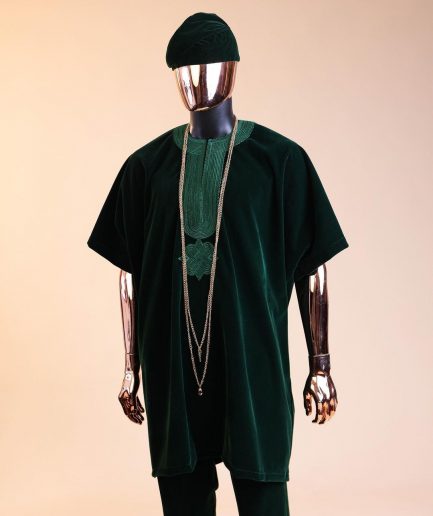 A Sacramento green daftan, sokoto & Fila Yoruba African native.