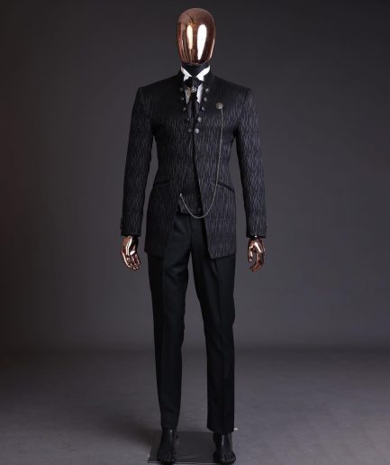 The “Ever After” charcoal black, half front cut, rectangle dropping pattern jacquard suit.