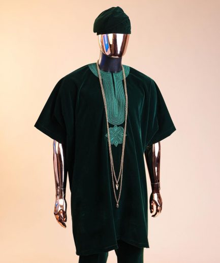 A Sacramento green daftan, sokoto & Fila Yoruba African native.