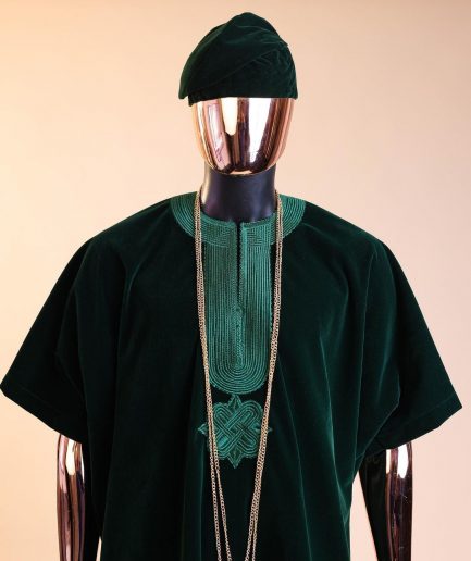 A Sacramento green daftan, sokoto & Fila Yoruba African native.