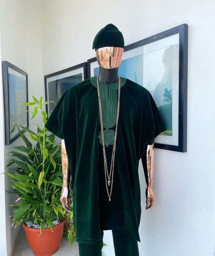 A Sacramento green daftan, sokoto & Fila Yoruba African native.