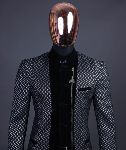 A “Zig Zag” Charcoal Black and Silver, Layered Inverted Pattern Safari Suit