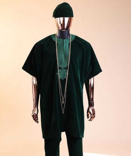 A Sacramento green daftan, sokoto & Fila Yoruba African native.