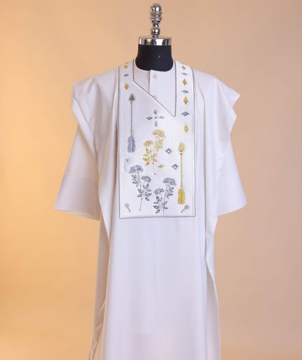 A White, arrow and floral metallic wire embroidery design with ss30 and ss20 gold and grey Swarovski stone details agbada