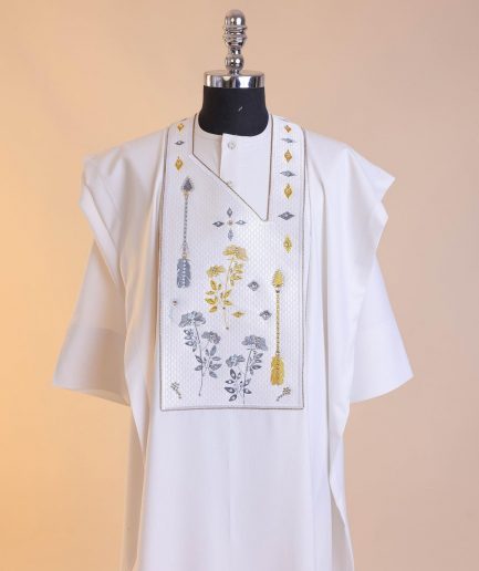 A White, arrow and floral metallic wire embroidery design with ss30 and ss20 gold and grey Swarovski stone details agbada