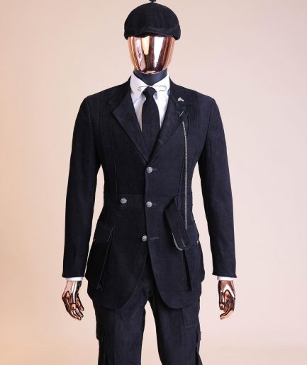 A “Combat” charcoal black corduroy, 3 button safari suit, combat pant trouser & Hat