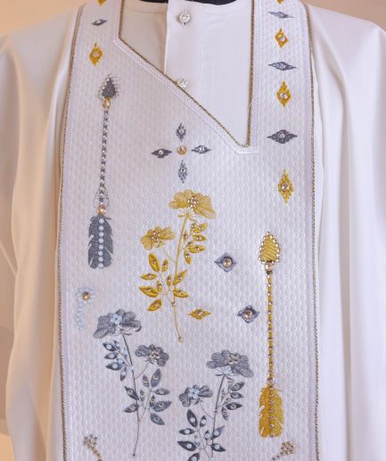 A White, arrow and floral metallic wire embroidery design with ss30 and ss20 gold and grey Swarovski stone details agbada
