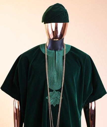 A Sacramento green daftan, sokoto & Fila Yoruba African native.