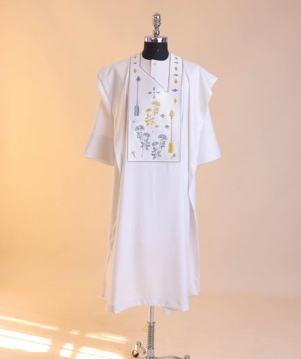 A White, arrow and floral metallic wire embroidery design with ss30 and ss20 gold and grey Swarovski stone details agbada