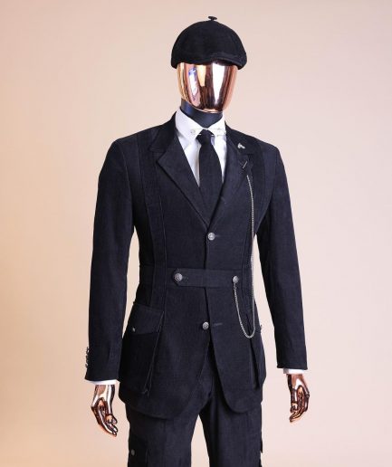 A “Combat” charcoal black corduroy, 3 button safari suit, combat pant trouser & Hat