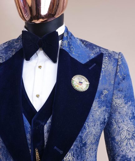 A peak lapel dispersed Sky blue and splashed champagne gold metallic jacquard tuxedo suit