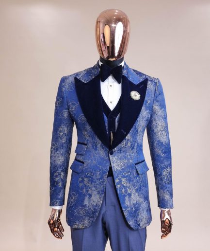 A peak lapel dispersed Sky blue and splashed champagne gold metallic jacquard tuxedo suit