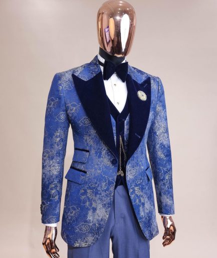 A peak lapel dispersed Sky blue and splashed champagne gold metallic jacquard tuxedo suit