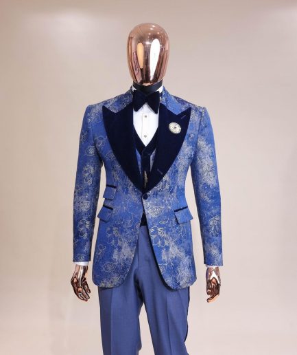 A peak lapel dispersed Sky blue and splashed champagne gold metallic jacquard tuxedo suit