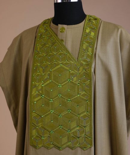 An Olive Green, Connected inverted cube -layered 3D embroidery design with splashed matching green ss30 Swarovski stone details agbada