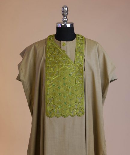 An Olive Green, Connected inverted cube -layered 3D embroidery design with splashed matching green ss30 Swarovski stone details agbada