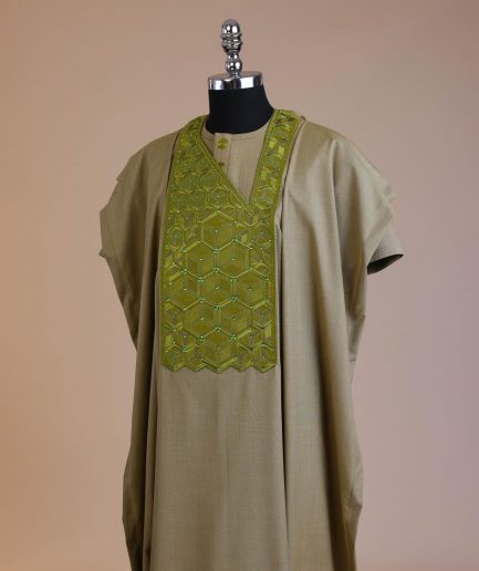An Olive Green, Connected inverted cube -layered 3D embroidery design with splashed matching green ss30 Swarovski stone details agbada