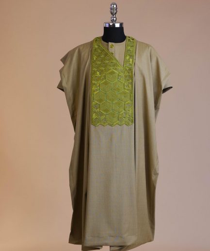 An Olive Green, Connected inverted cube -layered 3D embroidery design with splashed matching green ss30 Swarovski stone details agbada