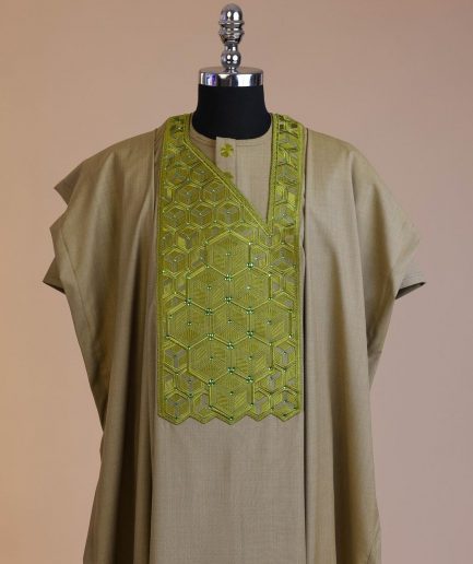 An Olive Green, Connected inverted cube -layered 3D embroidery design with splashed matching green ss30 Swarovski stone details agbada