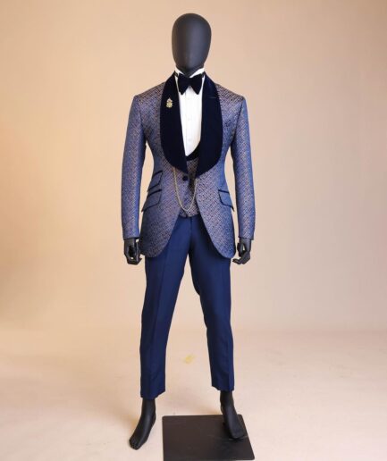 A navy blue orange and silver metallic jacquard shawl lapel  tuxedo suit