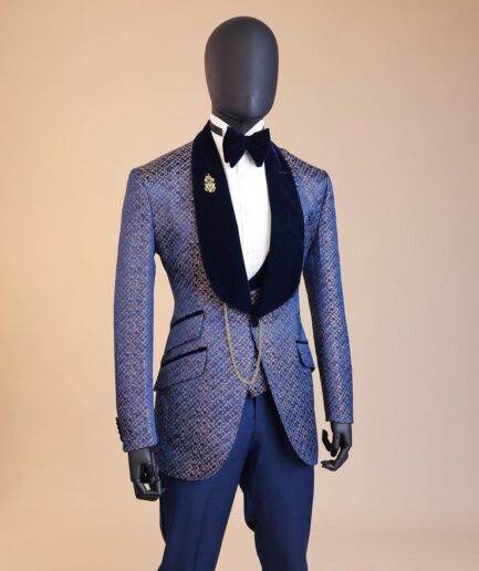 A navy blue orange and silver metallic jacquard shawl lapel  tuxedo suit