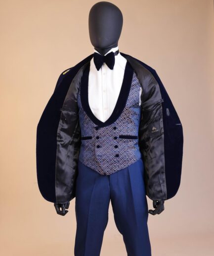 A navy blue orange and silver metallic jacquard shawl lapel  tuxedo suit
