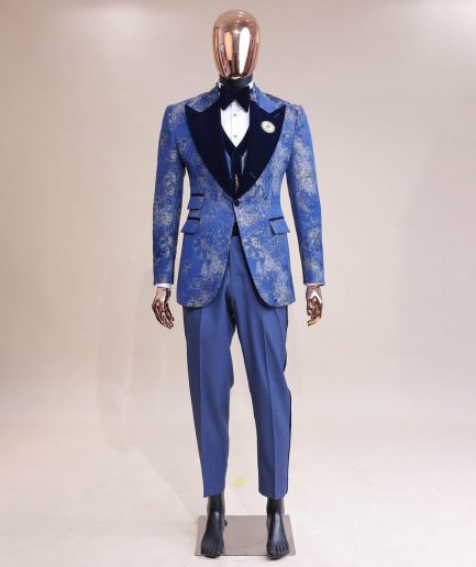 A peak lapel dispersed Sky blue and splashed champagne gold metallic jacquard tuxedo suit