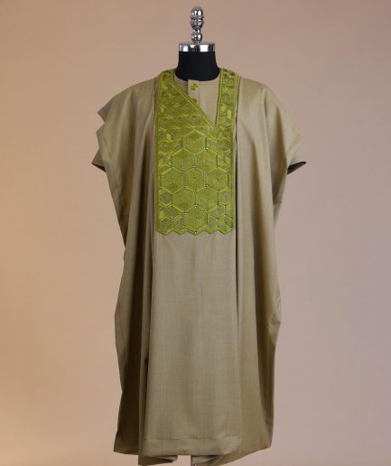 An Olive Green, Connected inverted cube -layered 3D embroidery design with splashed matching green ss30 Swarovski stone details agbada