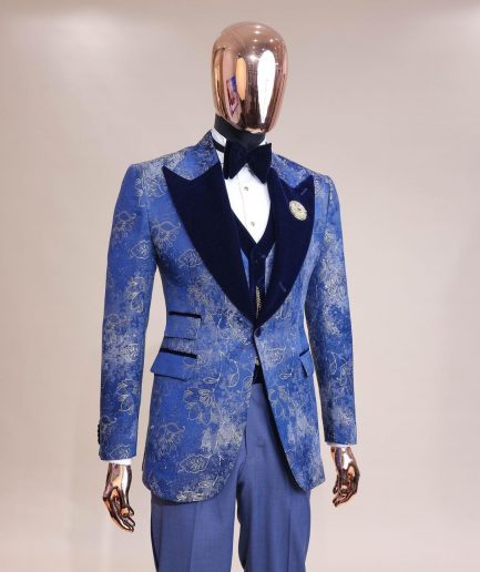 A peak lapel dispersed Sky blue and splashed champagne gold metallic jacquard tuxedo suit