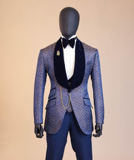 A navy blue orange and silver metallic jacquard shawl lapel  tuxedo suit