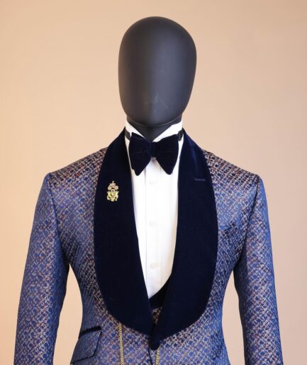 A navy blue orange and silver metallic jacquard shawl lapel  tuxedo suit
