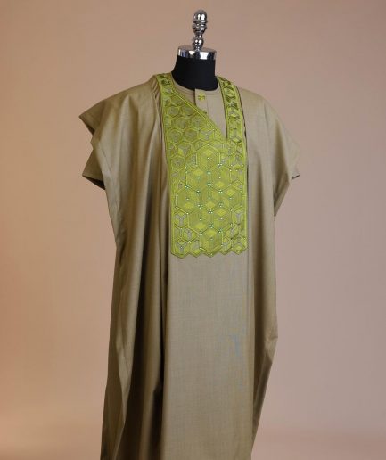 An Olive Green, Connected inverted cube -layered 3D embroidery design with splashed matching green ss30 Swarovski stone details agbada