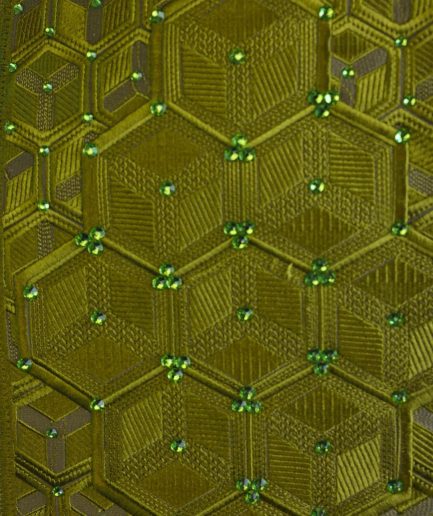 An Olive Green, Connected inverted cube -layered 3D embroidery design with splashed matching green ss30 Swarovski stone details agbada