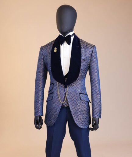A navy blue orange and silver metallic jacquard shawl lapel  tuxedo suit