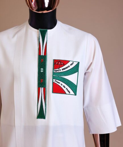 A white , PDP (People Democratic Party) pattern embroidery, 3/4 sleeve African senator kaftan native.