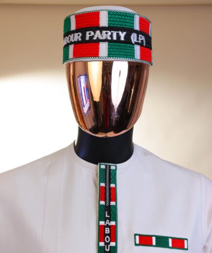 A white LP ( Labour Party ) pattern embroidery, 3/4 sleeve African senator kaftan native.