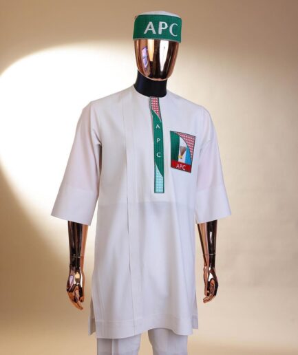 A white, APC ( All Progressive Congress) pattern embroidery, 3/4 sleeve African senator kaftan native.