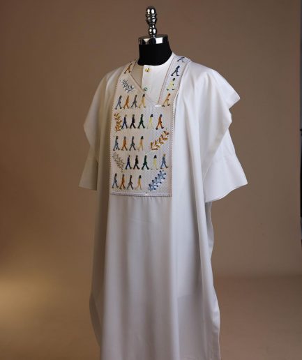 A White, walking “The Beatles” canvas wire embroidery design with ss30 and ss20 gold, Blue and grey Swarovski stone details agbada