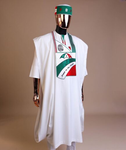 A White , PDP (People Democratic Party) pattern embroidery agbada