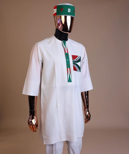 A white , PDP (People Democratic Party) pattern embroidery, 3/4 sleeve African senator kaftan native.