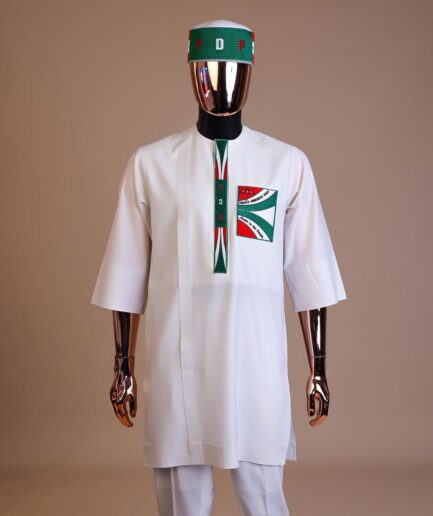 A white , PDP (People Democratic Party) pattern embroidery, 3/4 sleeve African senator kaftan native.