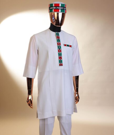 A white LP ( Labour Party ) pattern embroidery, 3/4 sleeve African senator kaftan native.