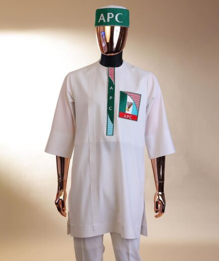 A white, APC ( All Progressive Congress) pattern embroidery, 3/4 sleeve African senator kaftan native.