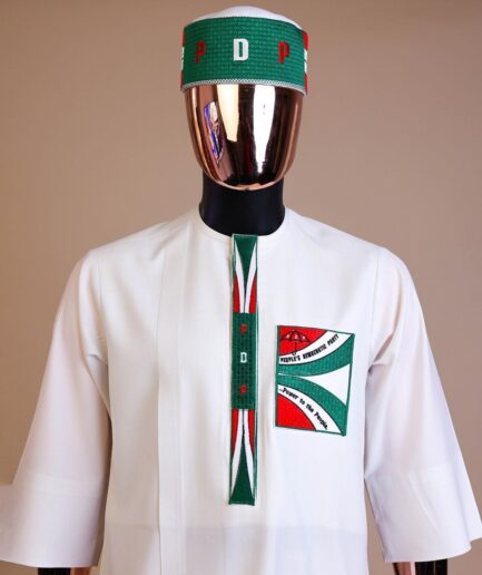 A white , PDP (People Democratic Party) pattern embroidery, 3/4 sleeve African senator kaftan native.
