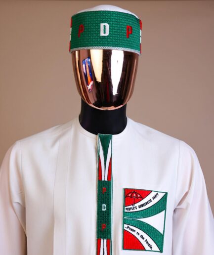 A white , PDP (People Democratic Party) pattern embroidery, 3/4 sleeve African senator kaftan native.
