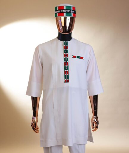 A white LP ( Labour Party ) pattern embroidery, 3/4 sleeve African senator kaftan native.