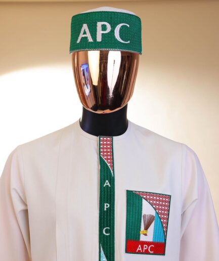 A white, APC ( All Progressive Congress) pattern embroidery, 3/4 sleeve African senator kaftan native.
