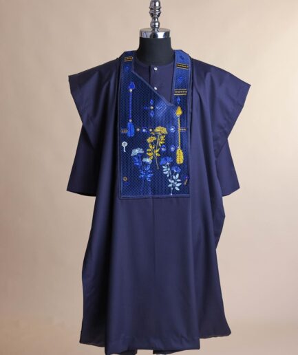 A Midnight blue, arrow and floral metallic wire embroidery design, blue and silver Swarovski stone details agbada